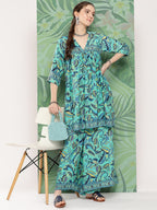 InWeave Women's Turquoise Blue Camelia Printed Ethnic Kurta Set | Grocsy