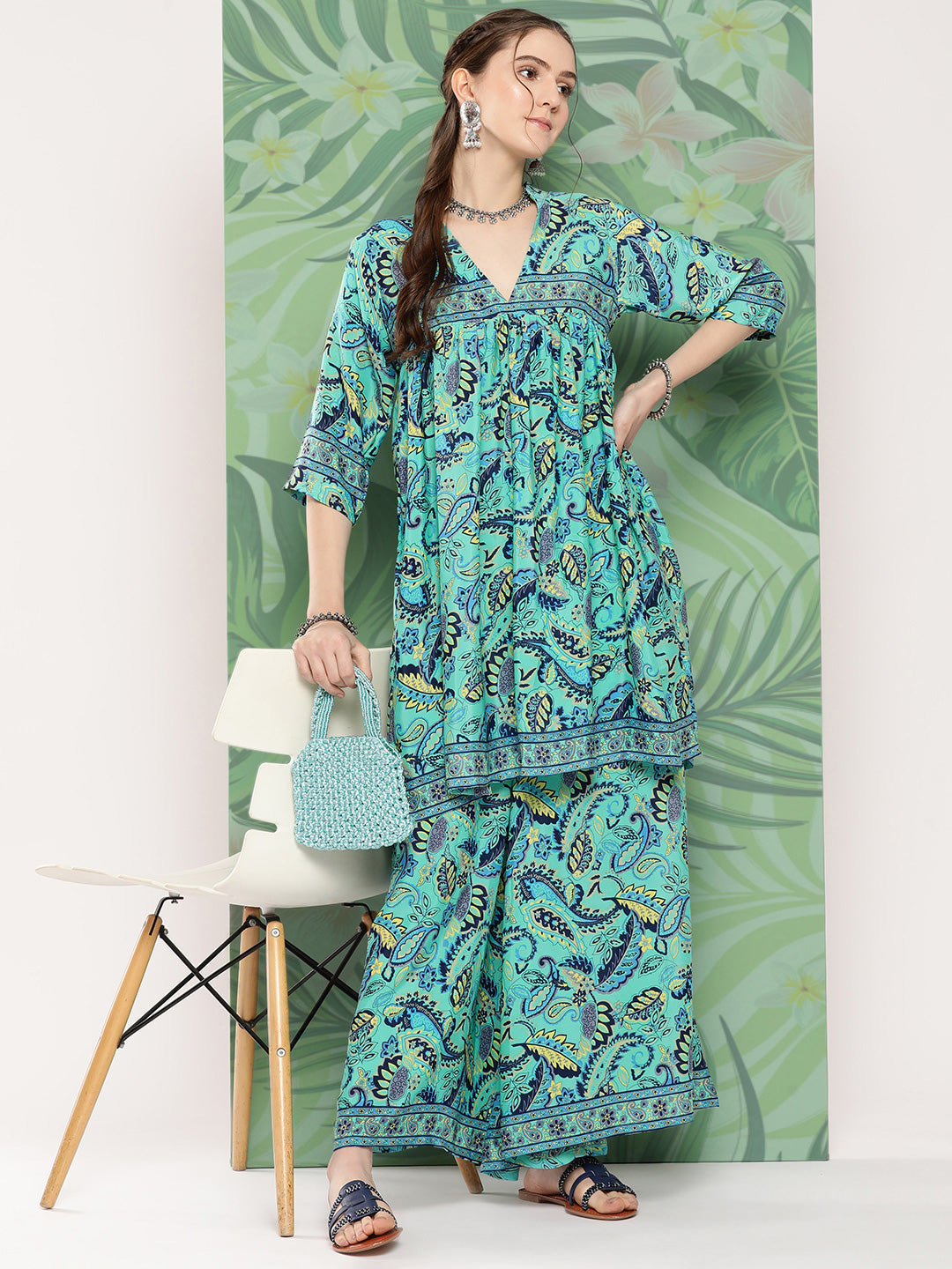 InWeave Women's Turquoise Blue Camelia Printed Ethnic Kurta Set | Grocsy