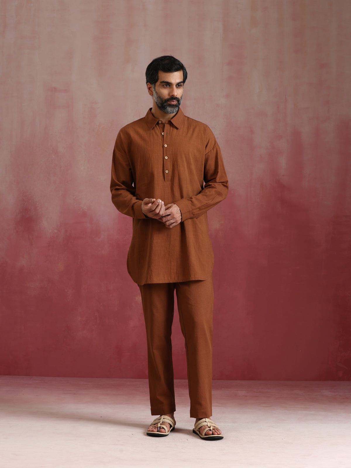 trueBrowns Men's Brown Cotton Shirt Collar Stylized Kurta Co-ord set | Grocsy