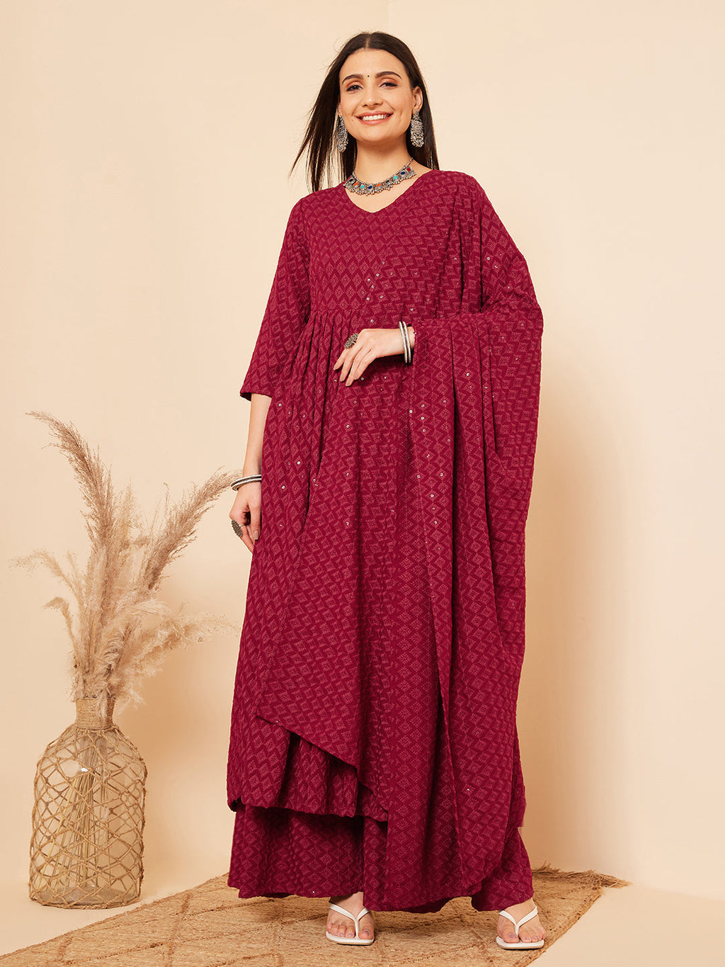 InWeave Women's Maroon Chikankari Long Anarkali Kurta Palazzo Set W Dupatta | Grocsy