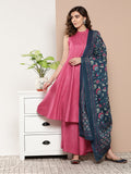 InWeave Women's Fuchsia Lurex Boho Kurta Set With Blue Printed Cotton Dupatta | Grocsy