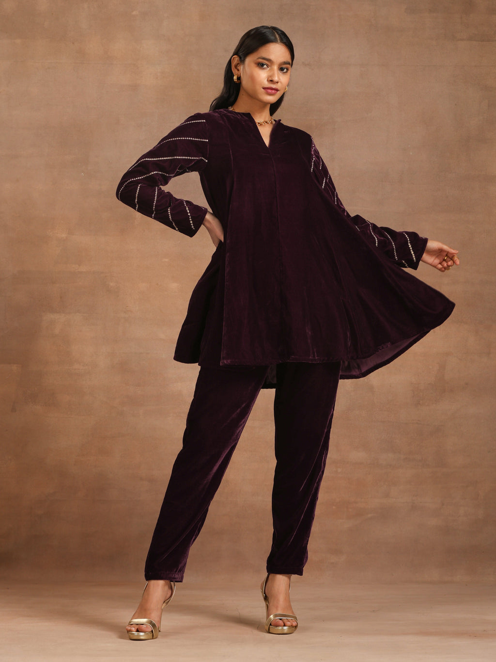 trueBrowns Wine Velvet Sleeve Embroidered Co-ord Set | Grocsy