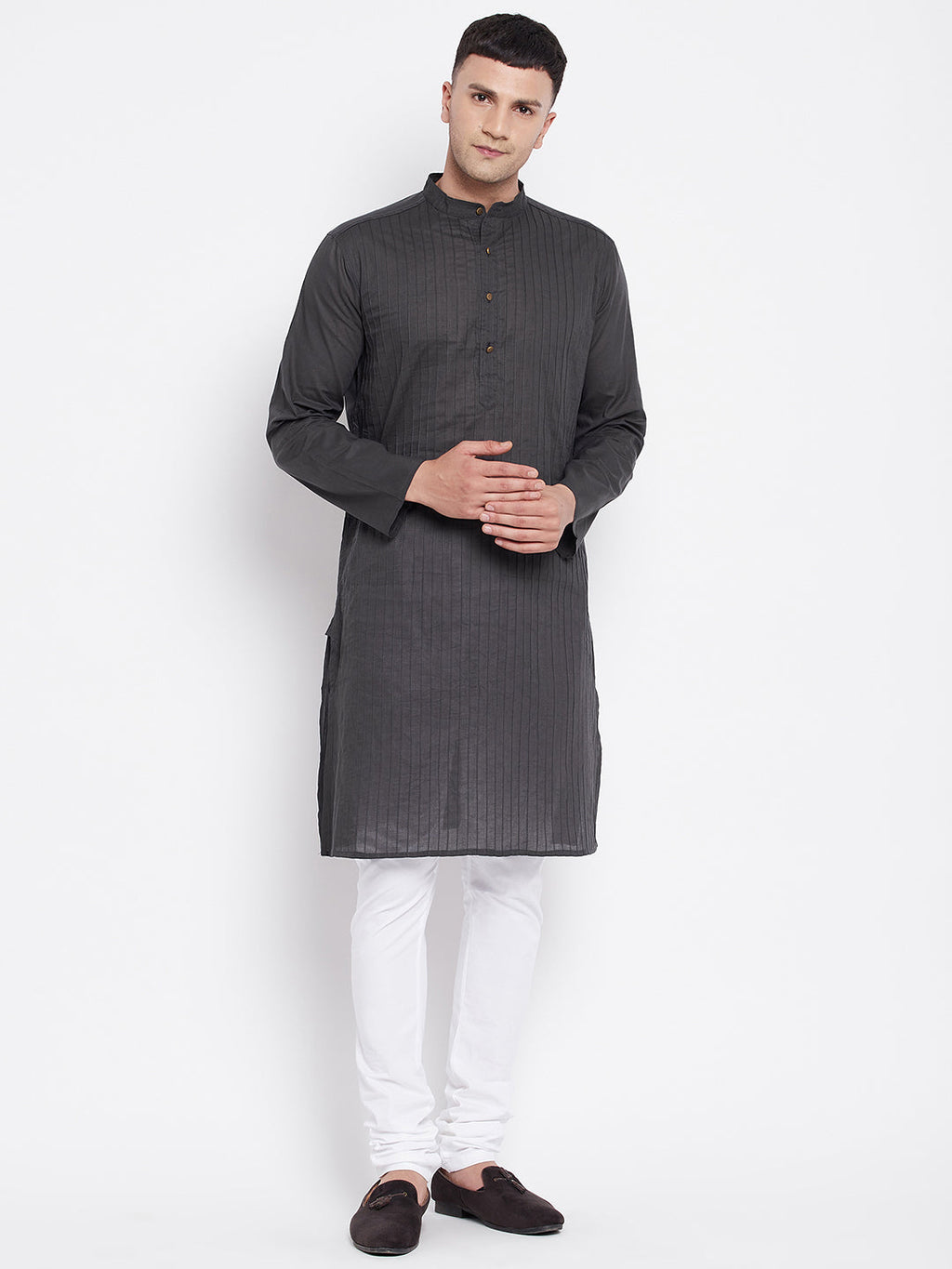 Even Apparels Grey Pure Cotton Kurta With Band Collar | Grocsy