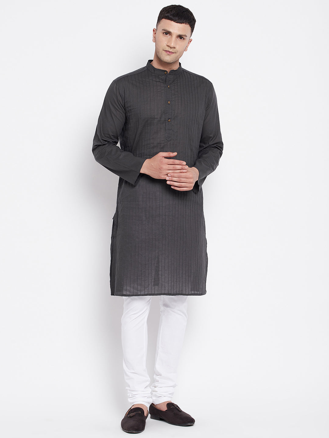 Even Apparels Grey Pure Cotton Kurta With Band Collar | Grocsy