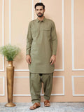 Fabmade Olive Cotton Linen Pathani Kurta With Salwar | Grocsy