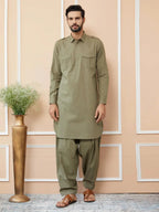 Fabmade Olive Cotton Linen Pathani Kurta With Salwar | Grocsy