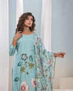 The52 Women's Beautiful French Crab Fabric Printed Work Straight Kurta Pant and Dupatta Set | Grocsy