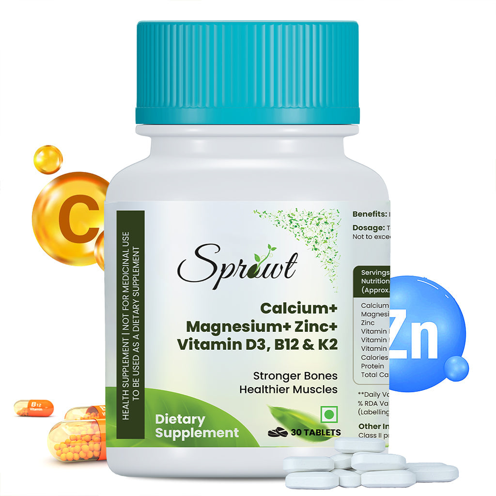 Sprowt Calcium Magnesium Zinc Vitamin D3, B12 & K2 Tablets | Grocsy