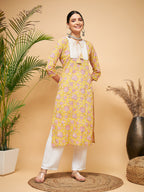 InWeave Women's Lime Pink Print Patch Cotton Straight Kurta Pant Set | Grocsy