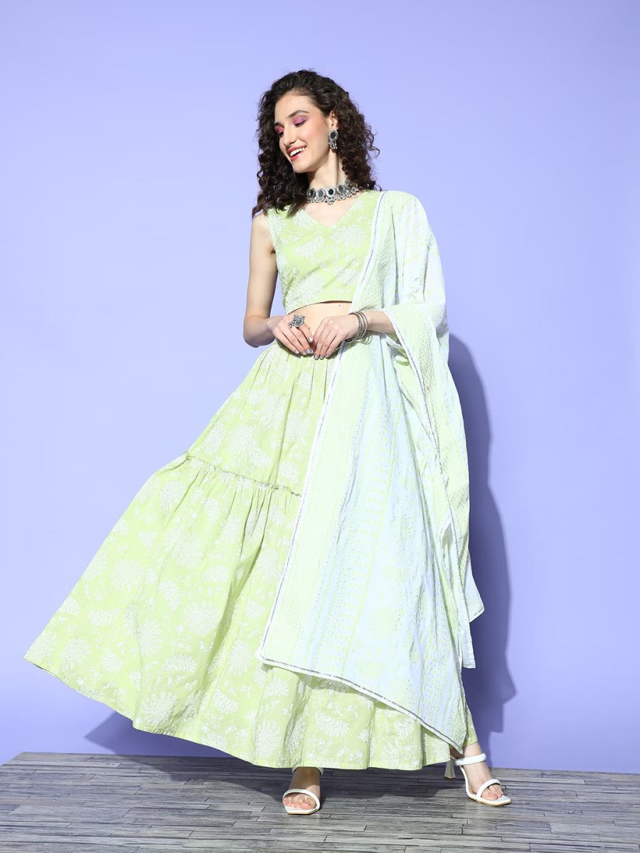 Ahalyaa Pure Cotton Green & White Printed Khari Print Ready to Wear Lehenga & Blouse With Dupatta | Grocsy