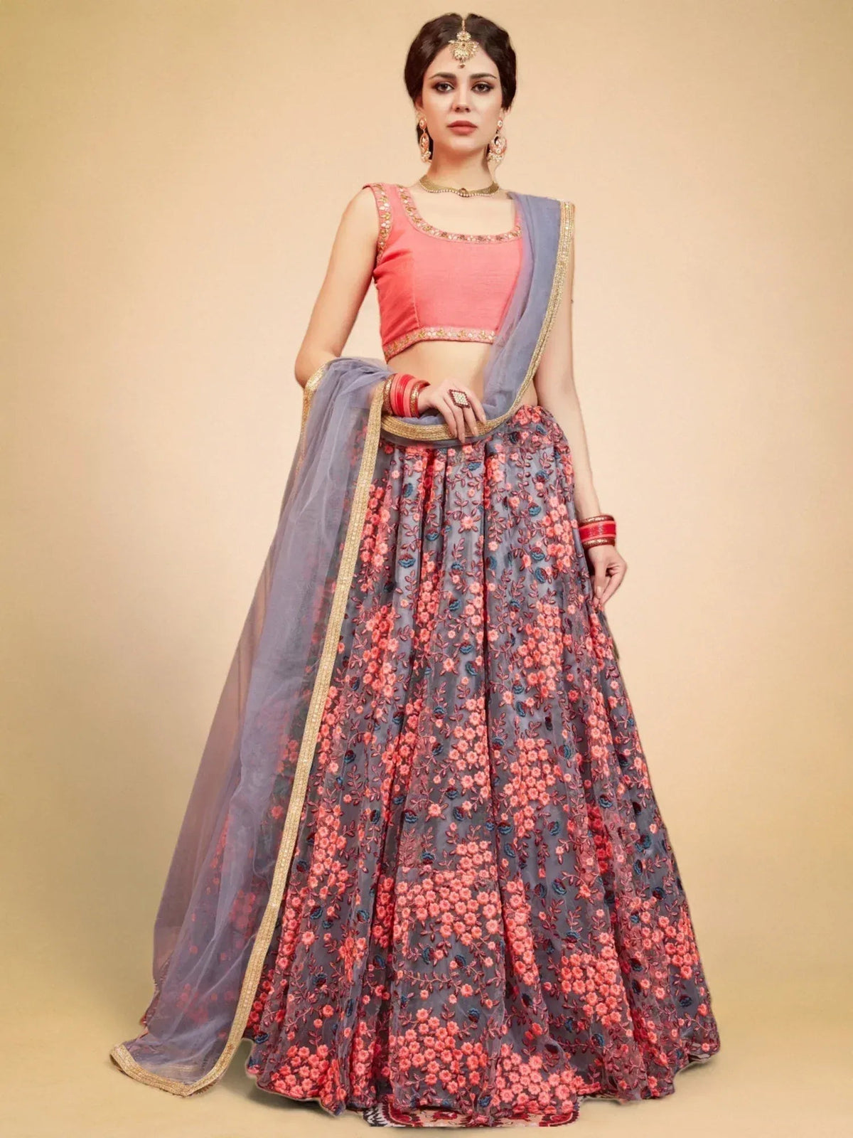 Tulsi Art Grey Floral Embroidered Net Bridal Lehenga Choli | Grocsy