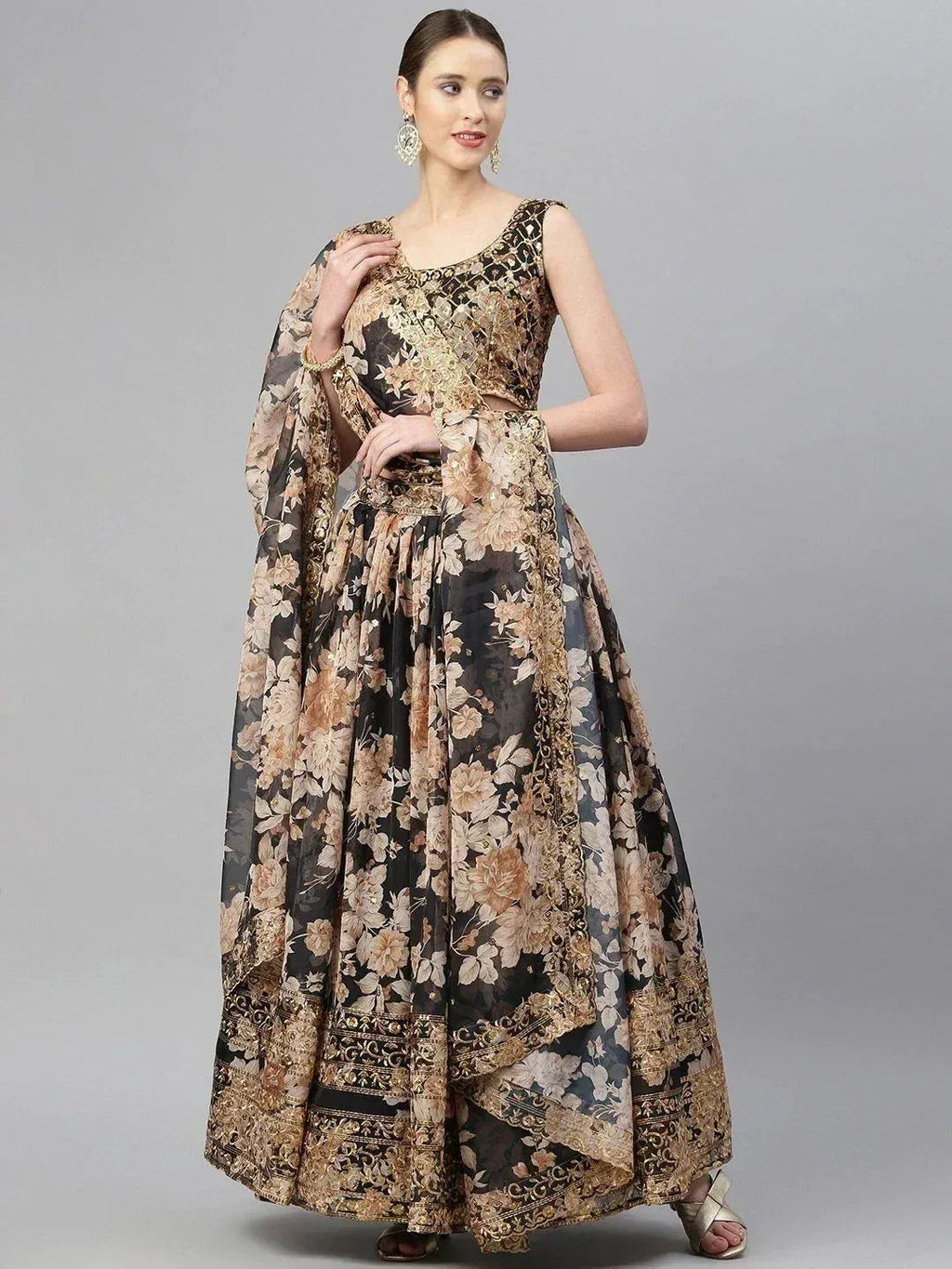 Tulsi Art Black & Beige Embellished Sequinned Semi-Stitched Lehenga & Unstitched Blouse | Grocsy