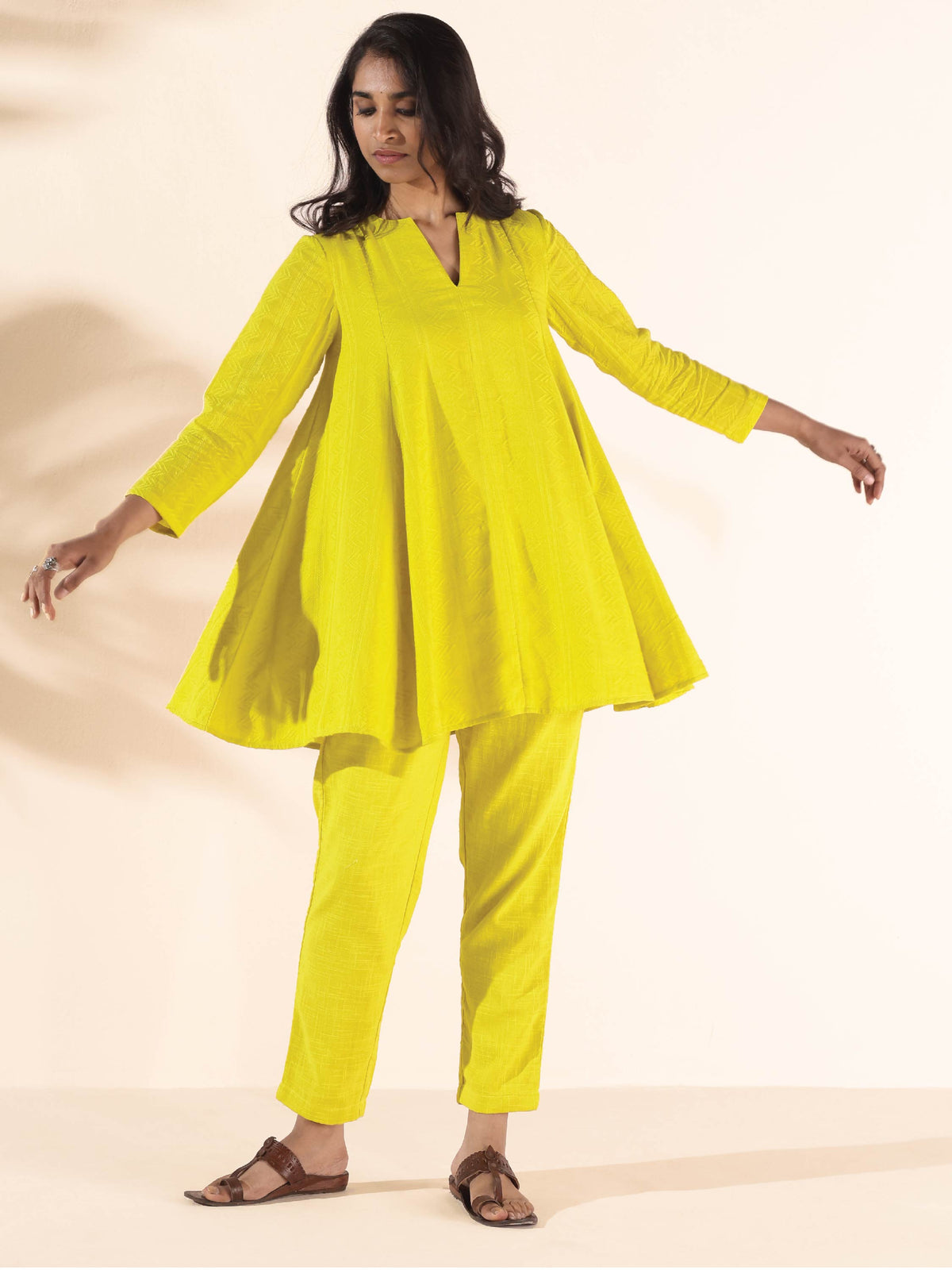 trueBrowns Lime Cotton Dobby Flared Co-ord Set | Grocsy