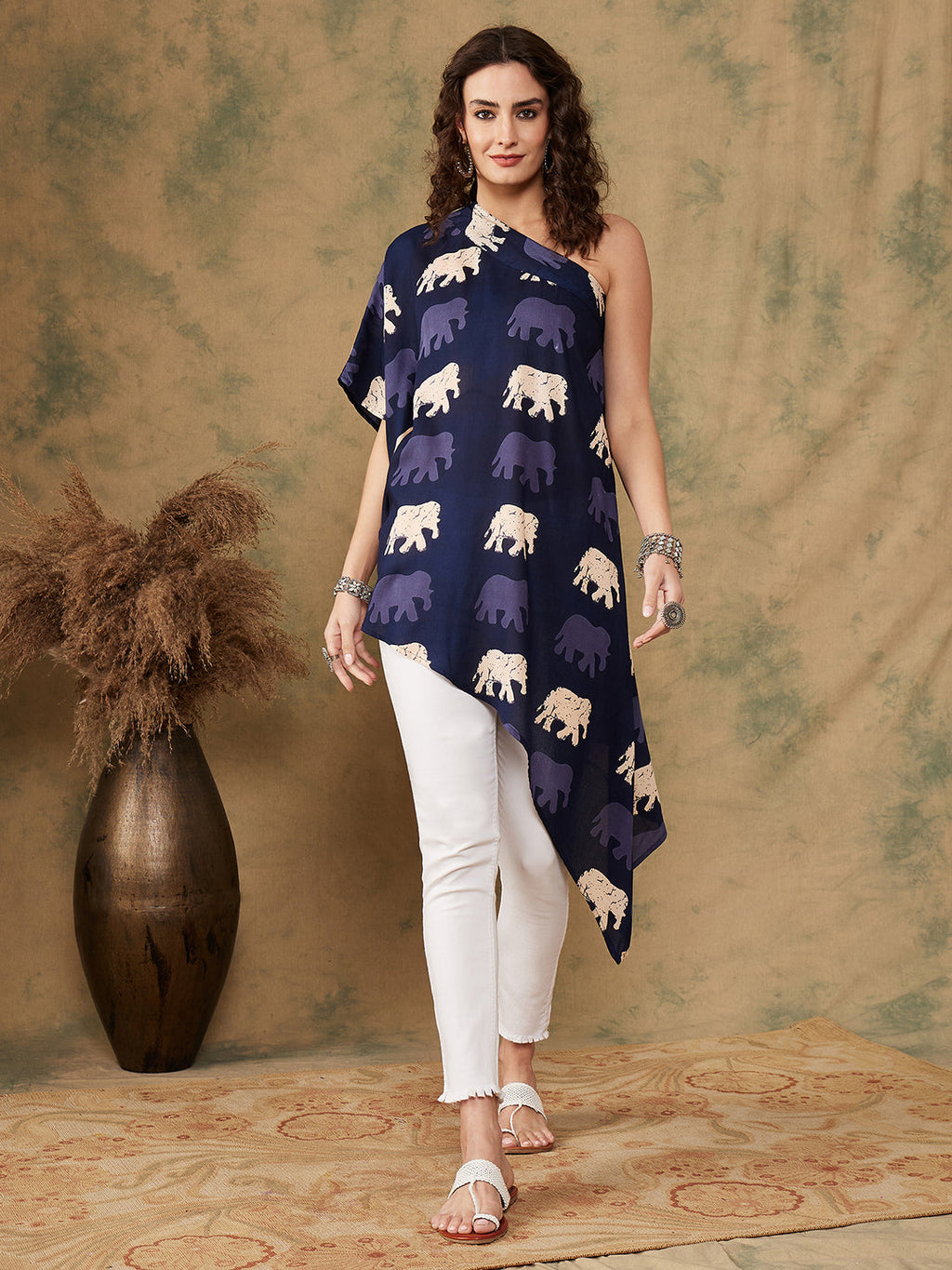 InWeave Women's Blue Elephant Print Oneshoulder Top | Grocsy