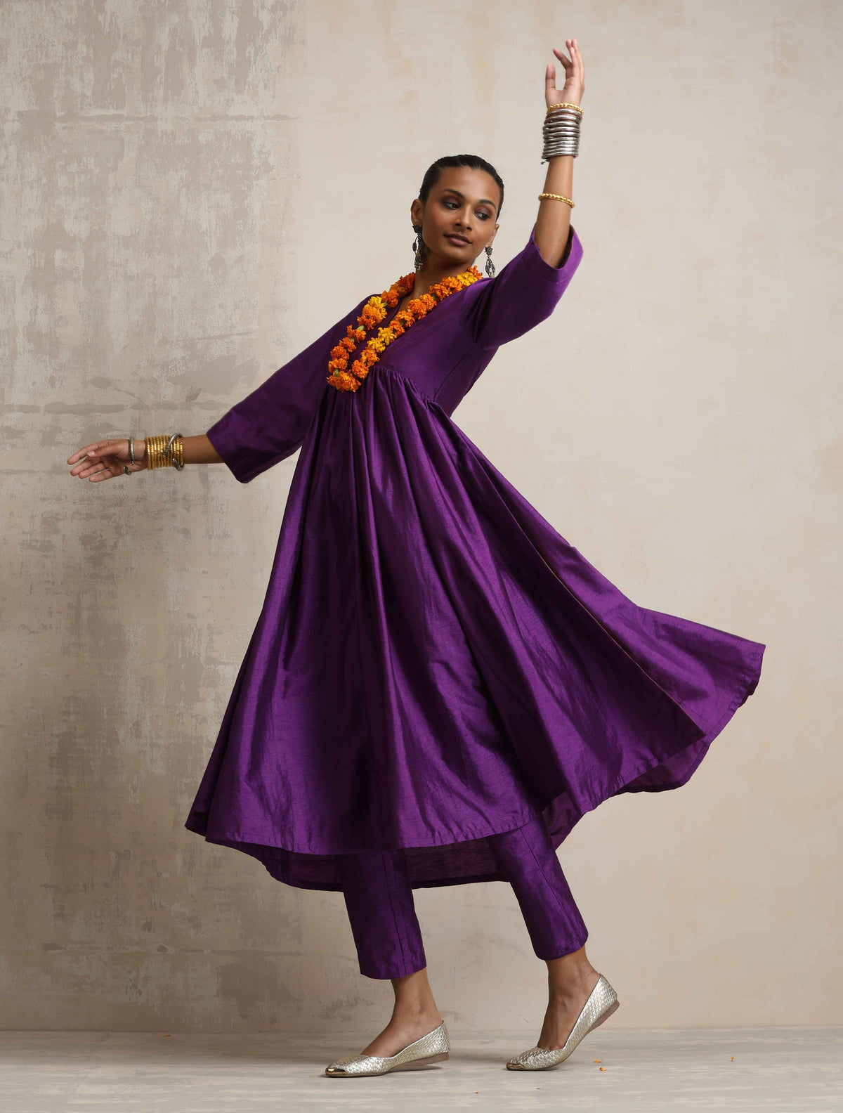 trueBrowns Purple Silk Anarkali Flared Kurta Set | Grocsy