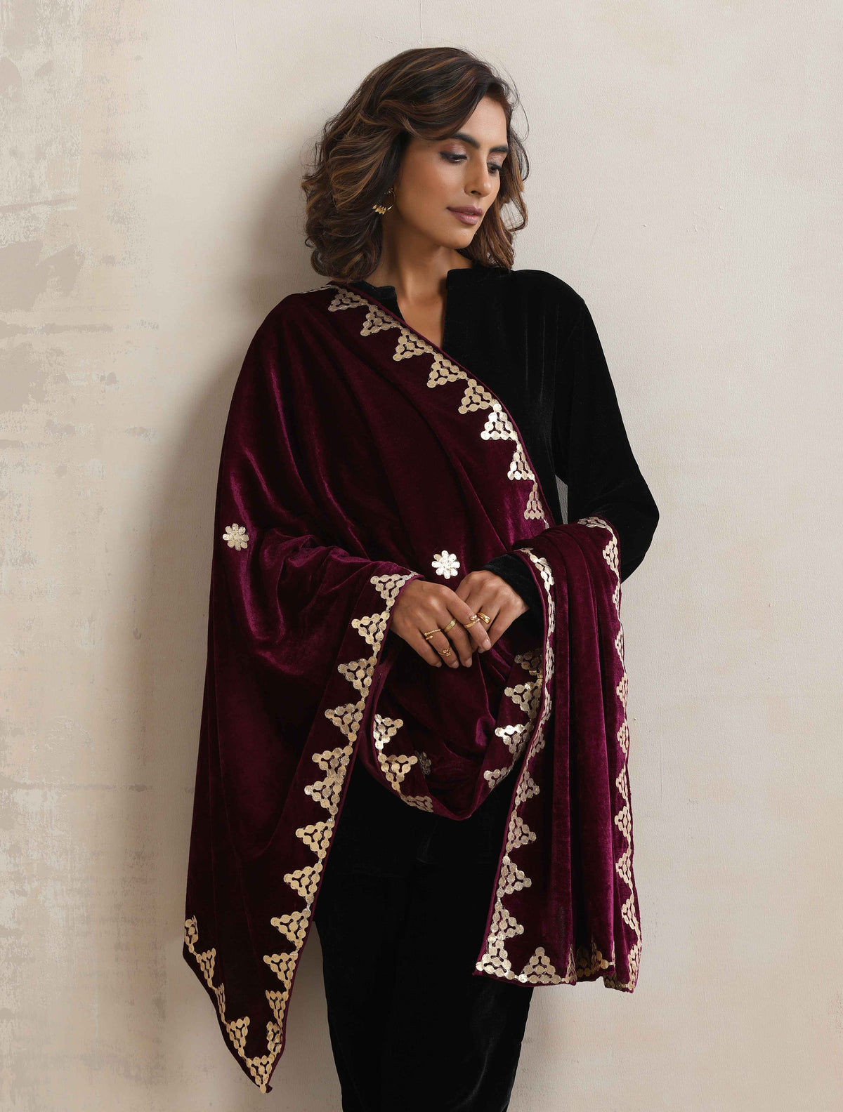trueBrowns Wine Velvet Gota Patti Stole | Grocsy