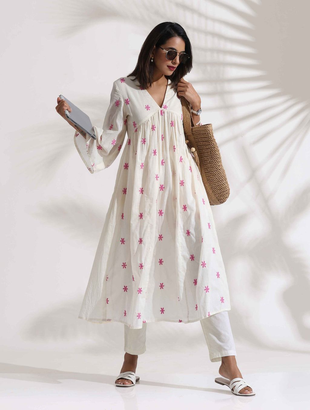 trueBrowns Off-White Cotton Floral Embroidered Flared Kurta Set | Grocsy