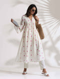 trueBrowns Off-White Cotton Floral Embroidered Flared Kurta Set | Grocsy