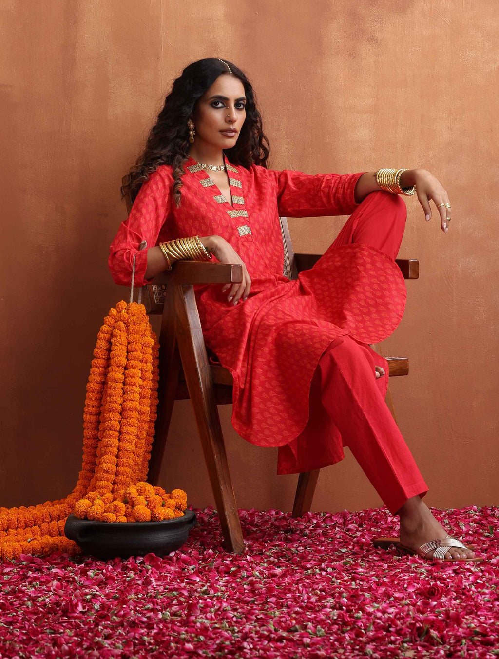 trueBrowns Red Print A-line Kurta Set | Grocsy
