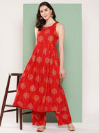 InWeave Women's Rust Mughal Print Raisa Back Detial Long Coords Set | Grocsy