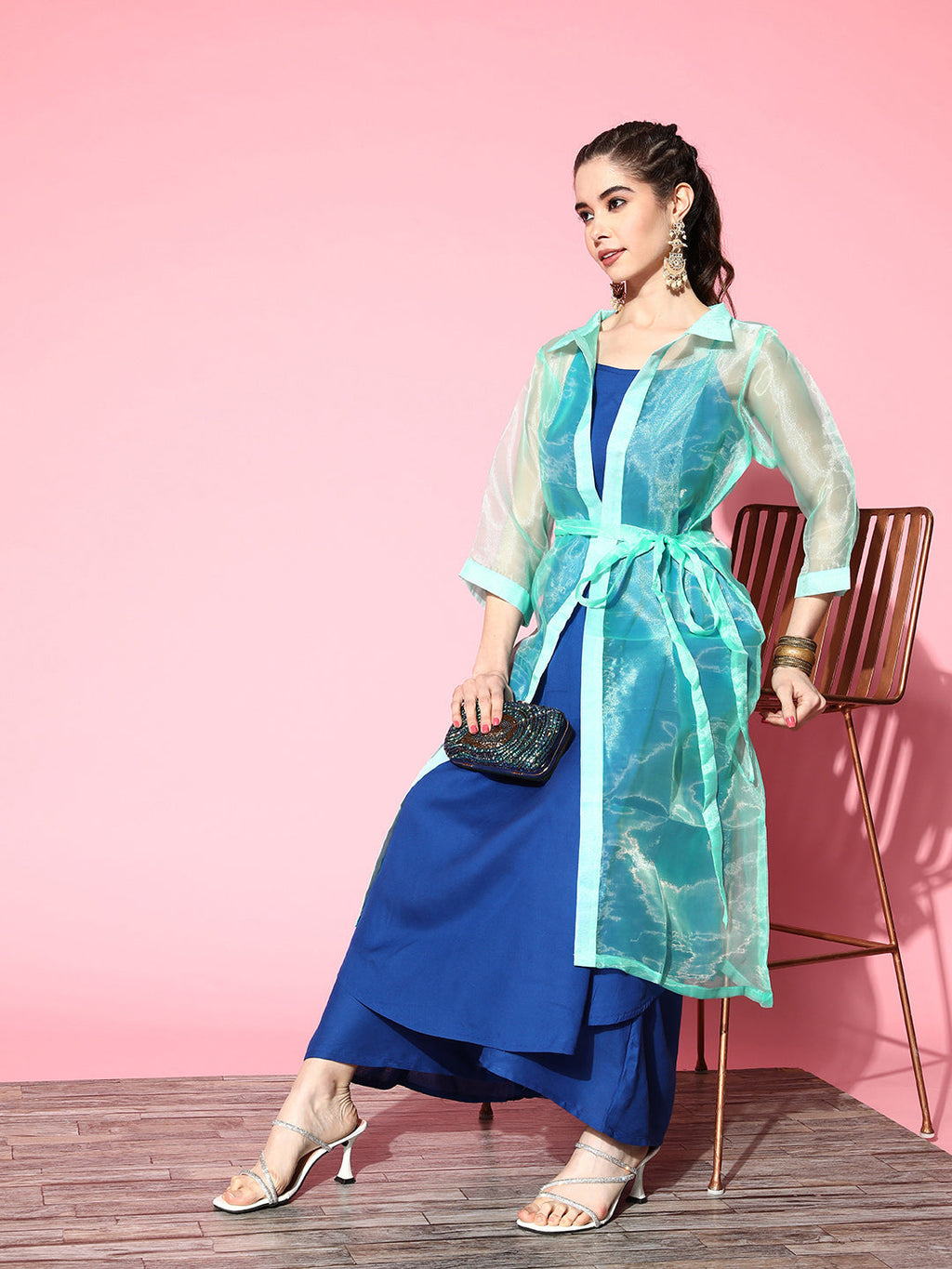 InWeave Women's Ink Blue Strappy Kurta Set With Teal Organza Cape | Grocsy