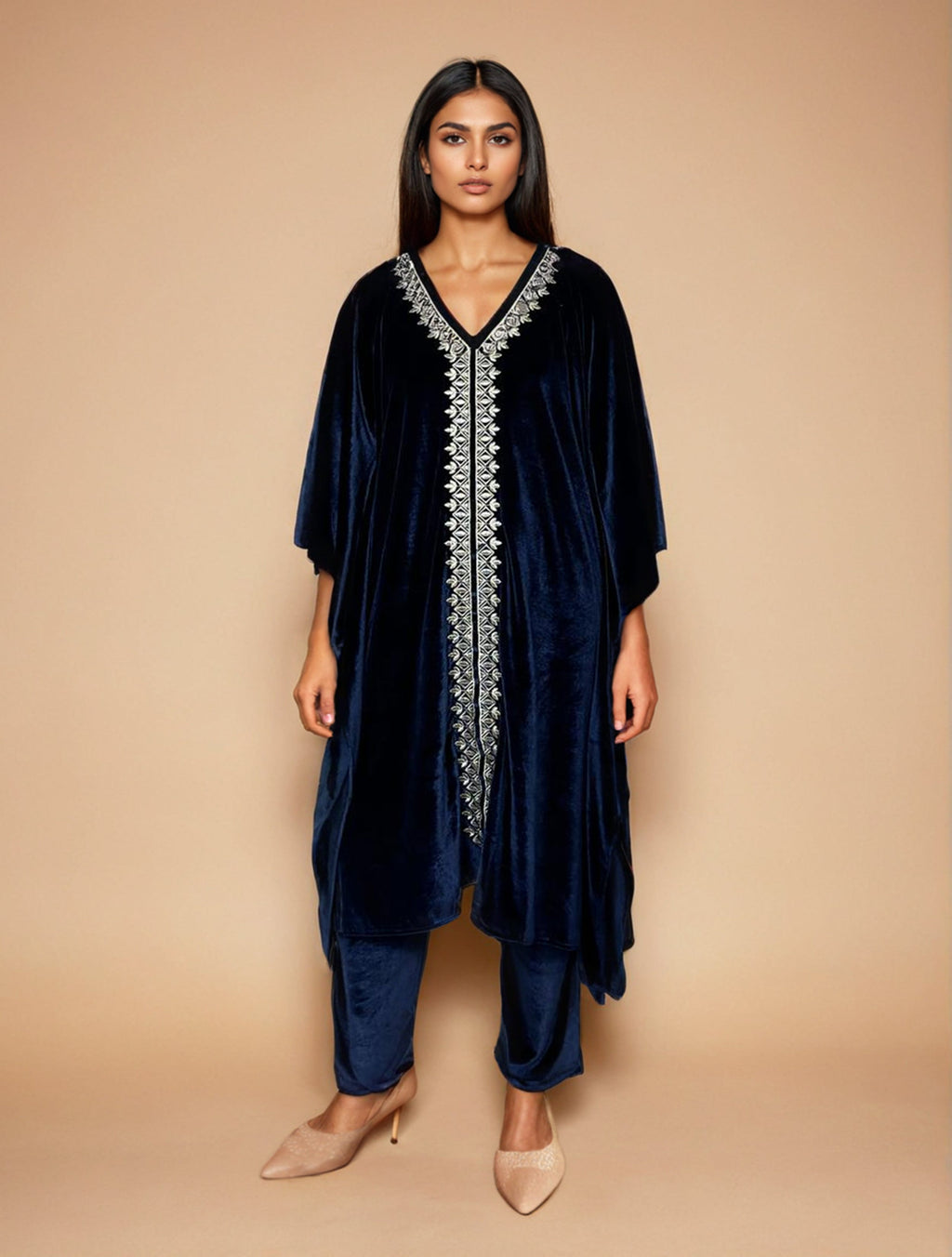 trueBrowns Navy Blue Velvet Embroidered Kaftan Kurta Set | Grocsy