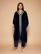 trueBrowns Navy Blue Velvet Embroidered Kaftan Kurta Set | Grocsy