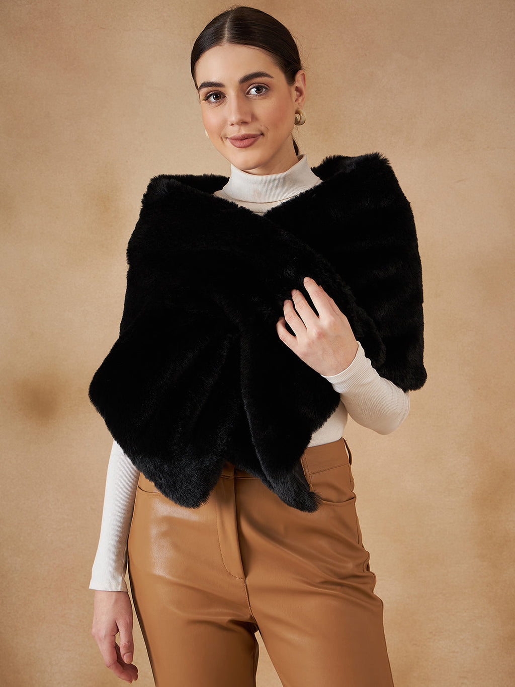 InWeave Women's Black Long Faux Fur Cape | Grocsy