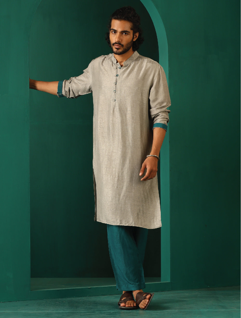 trueBrowns Men's Grey Silk Long Kurta | Grocsy