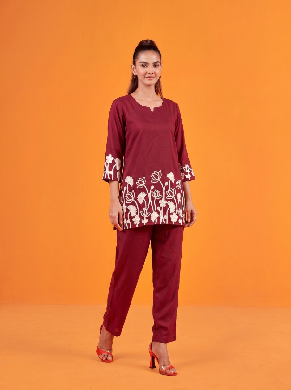 Anaita Maroon Stylish Readymade Co-Ords Set | Grocsy