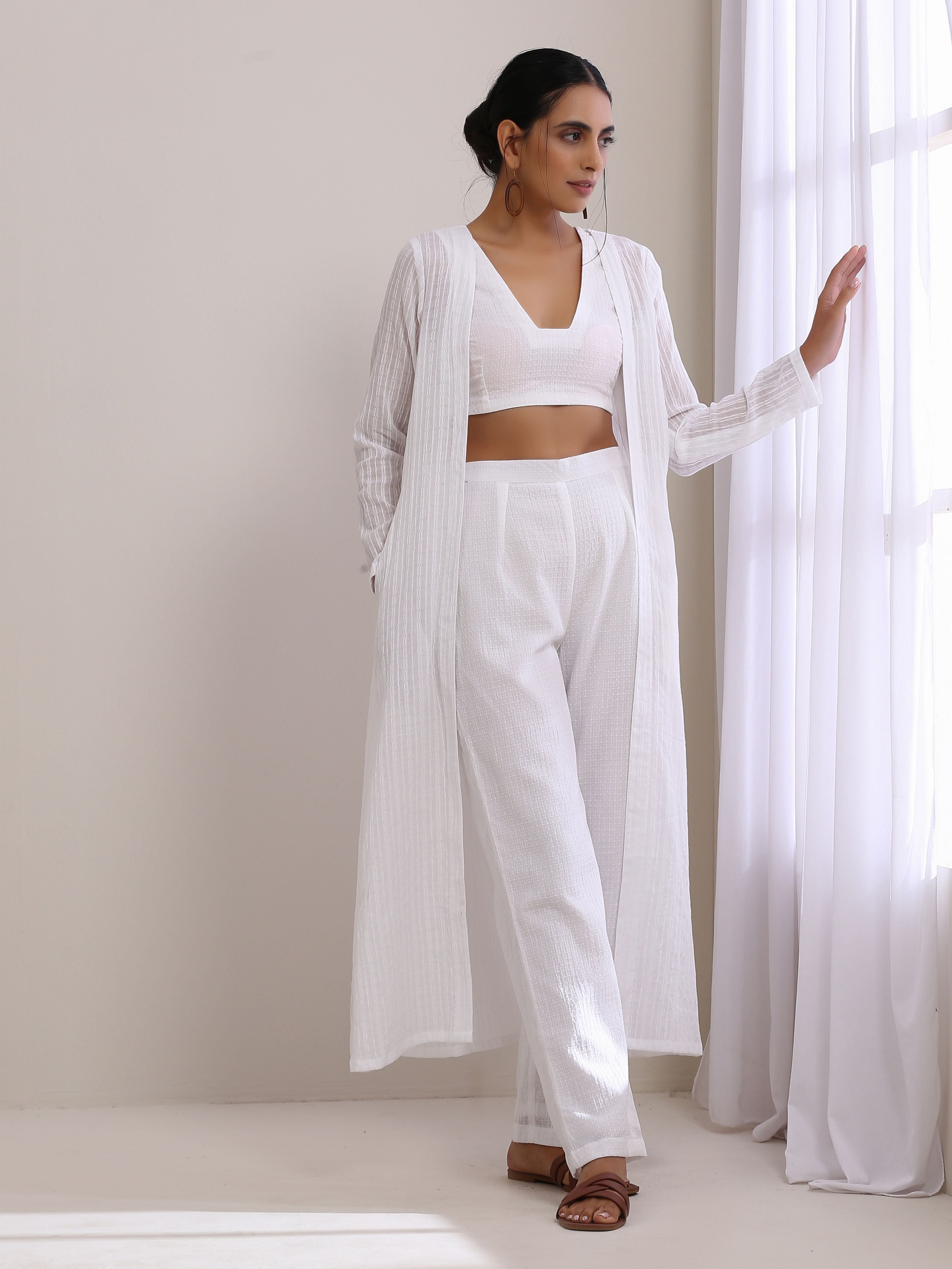 trueBrowns White Dobby Overlay Jacket Blouse Pant Set | Grocsy