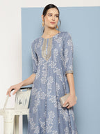 Ahalyaa Floral Printed Midi A-Line Ethnic Dress | Grocsy