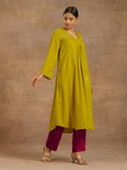 trueBrowns Lime Velvet Yoke Embroidered Kurta | Grocsy