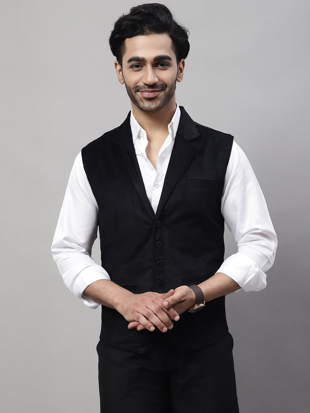 Even Apparels Men's Black Nehru Jacket With Welt Pockets | Grocsy