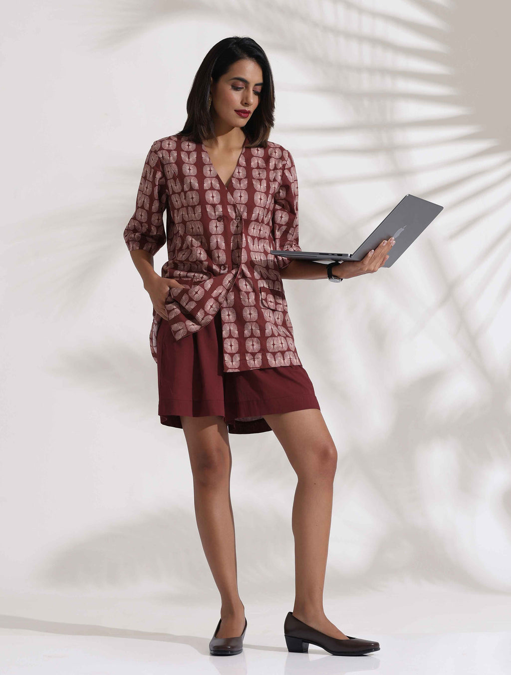trueBrowns Brown Cotton Print Jacket Top & Short Co-ord Set | Grocsy