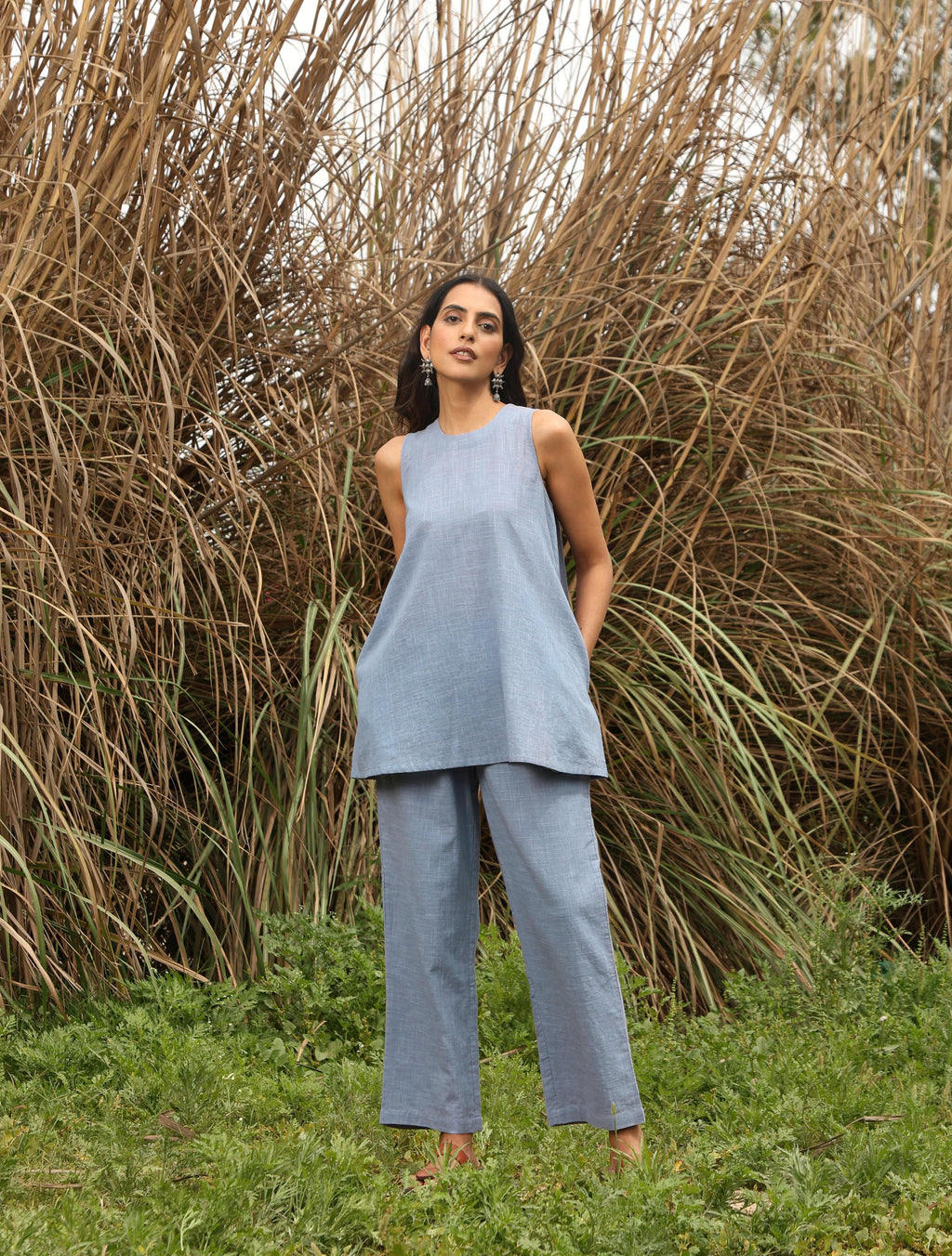 trueBrowns Blue Cotton Sleeveless Co-ord Set | Grocsy