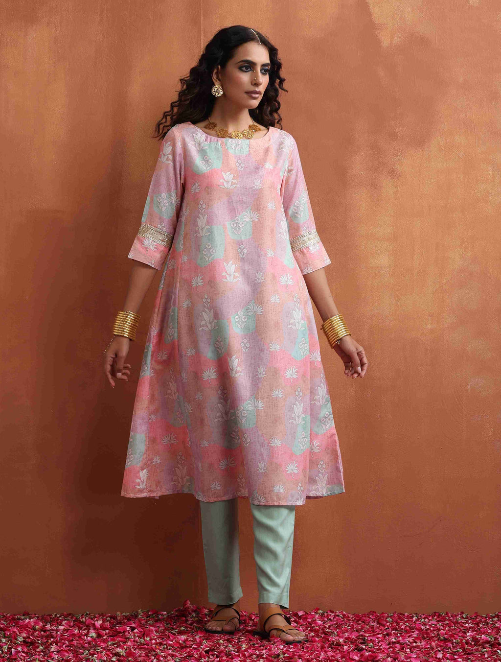 trueBrowns Beige Palm Print A-line Kurta Set | Grocsy