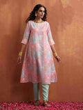 trueBrowns Beige Palm Print A-line Kurta Set | Grocsy