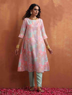 trueBrowns Beige Palm Print A-line Kurta Set | Grocsy