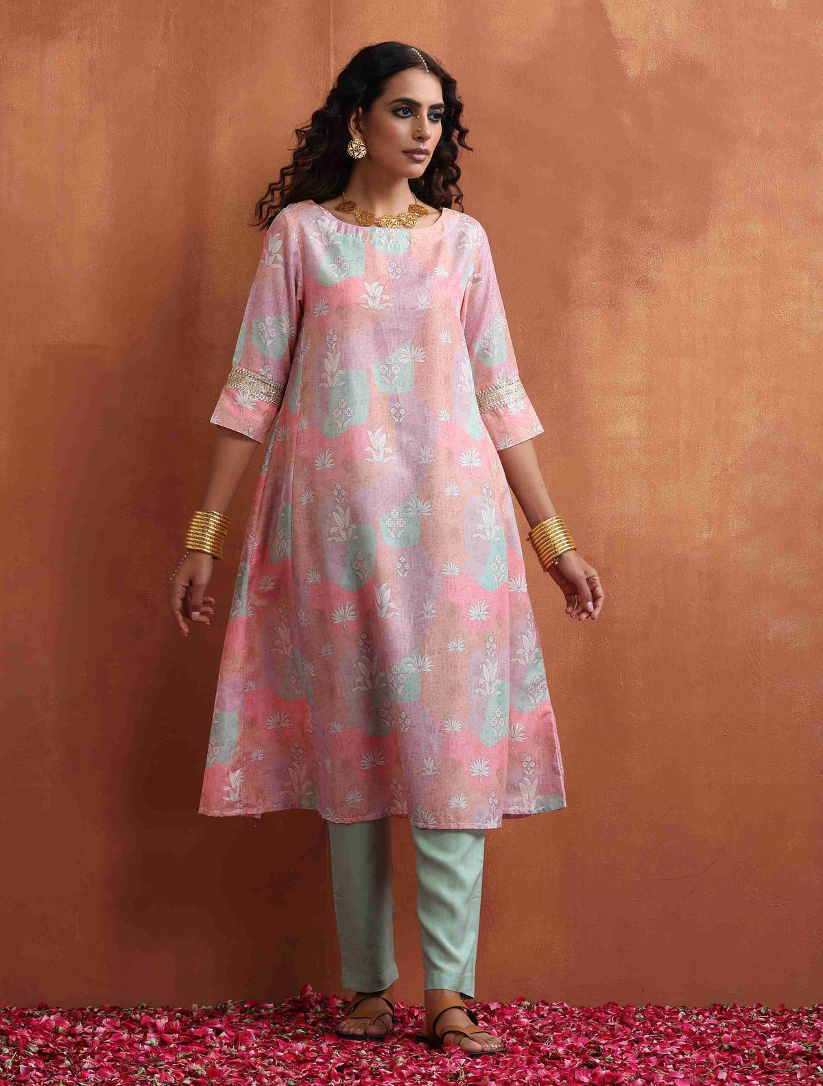 trueBrowns Beige Palm Print A-line Kurta Set | Grocsy