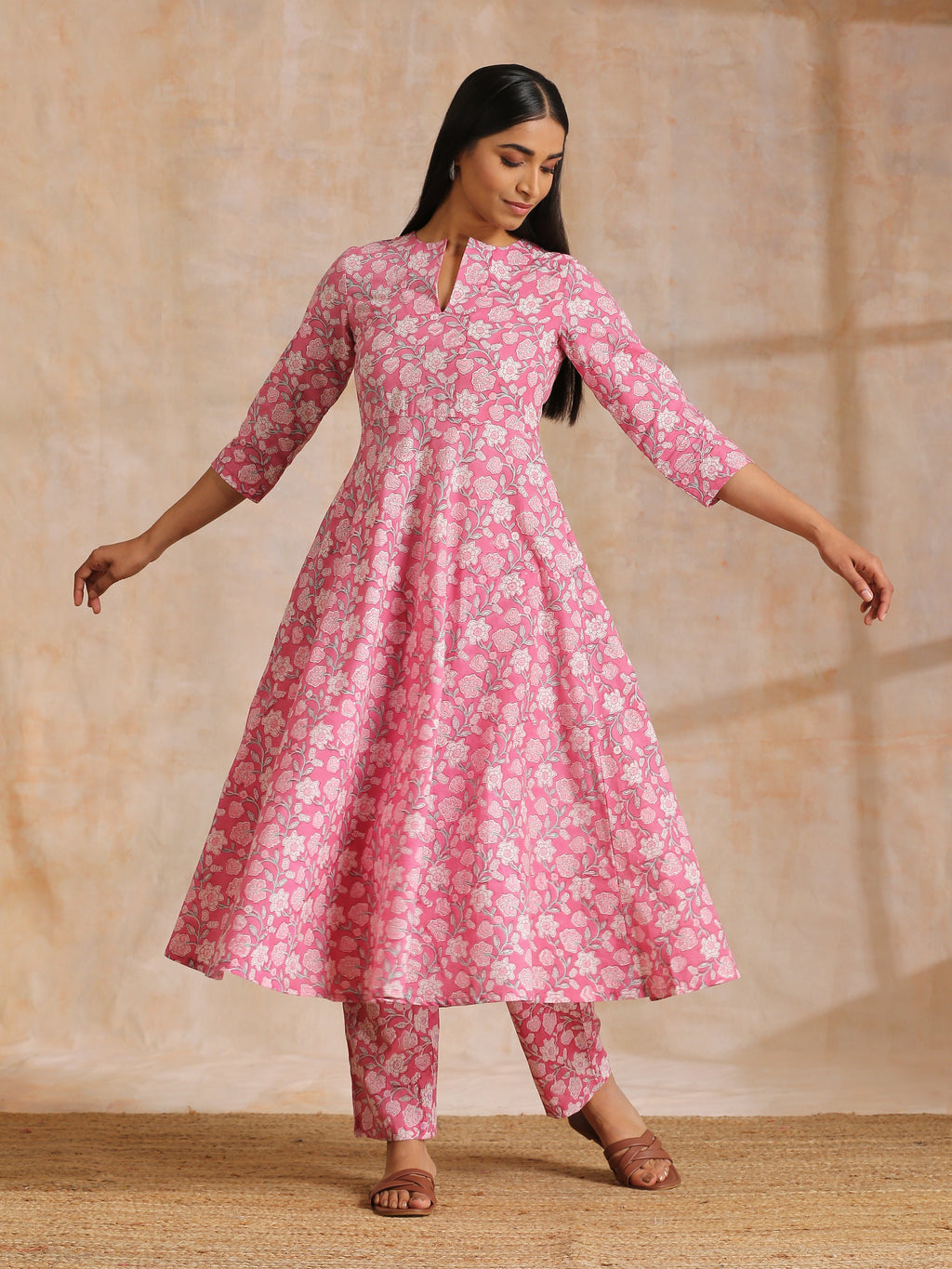 trueBrowns Pink Overall Floral Block Print Cotton Flared Kurta Pant Set | Grocsy