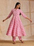 trueBrowns Pink Overall Floral Block Print Cotton Flared Kurta Pant Set | Grocsy