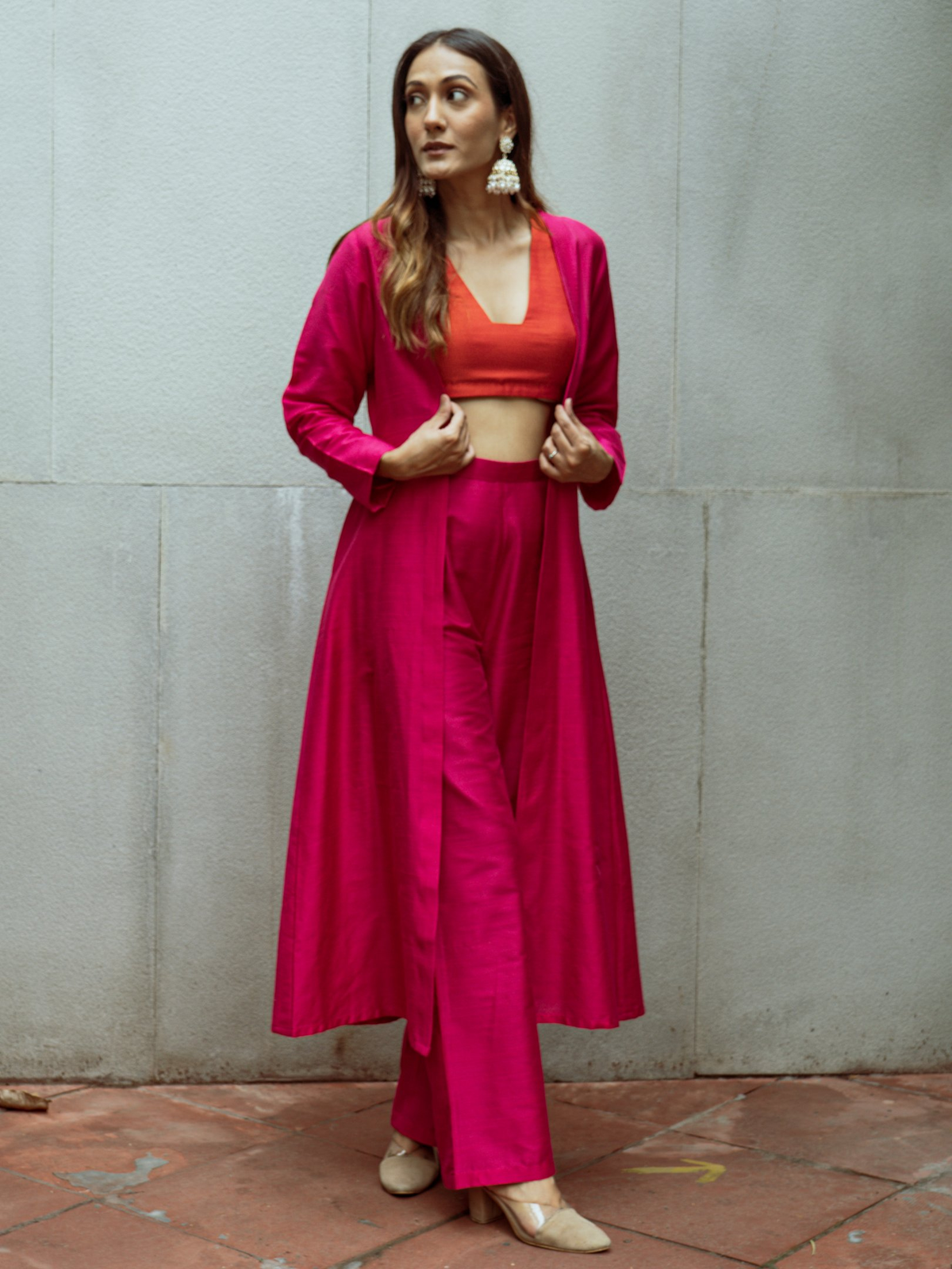 trueBrowns Pink Dupion Silk Overlay Jacket Blouse Pant Set | Grocsy