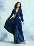 trueBrowns Blue Embroidered Velvet Ready to Wear Saree | Grocsy