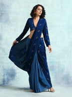 trueBrowns Blue Embroidered Velvet Ready to Wear Saree | Grocsy