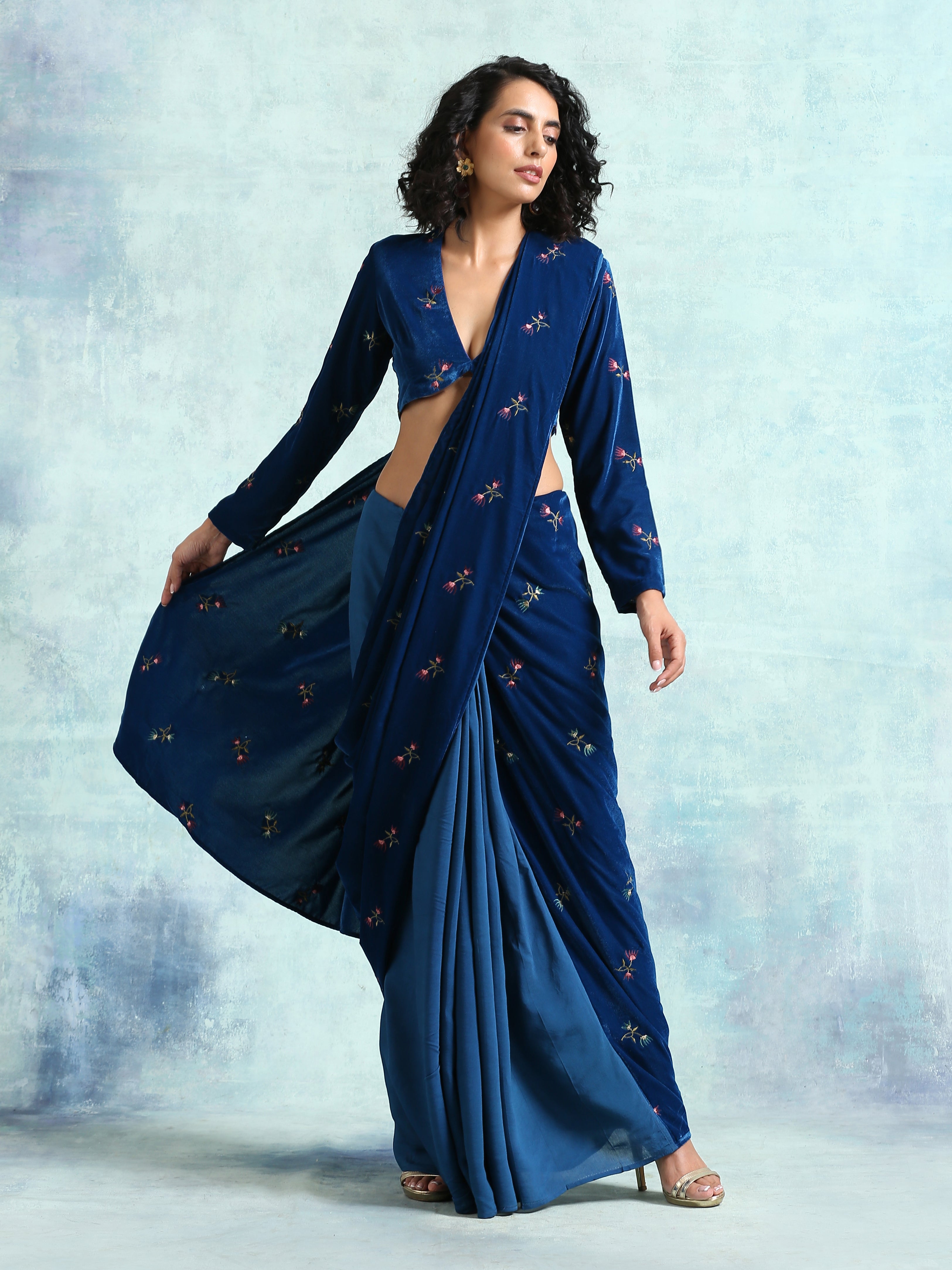 trueBrowns Blue Embroidered Velvet Ready to Wear Saree | Grocsy