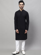 Even Apparels Black Pure Cotton Kurta With Band Collar | Grocsy