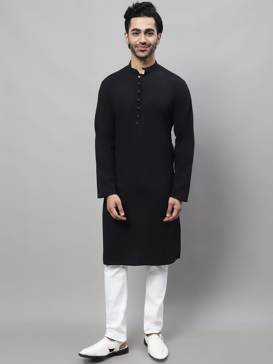 Even Apparels Black Pure Cotton Kurta With Band Collar | Grocsy