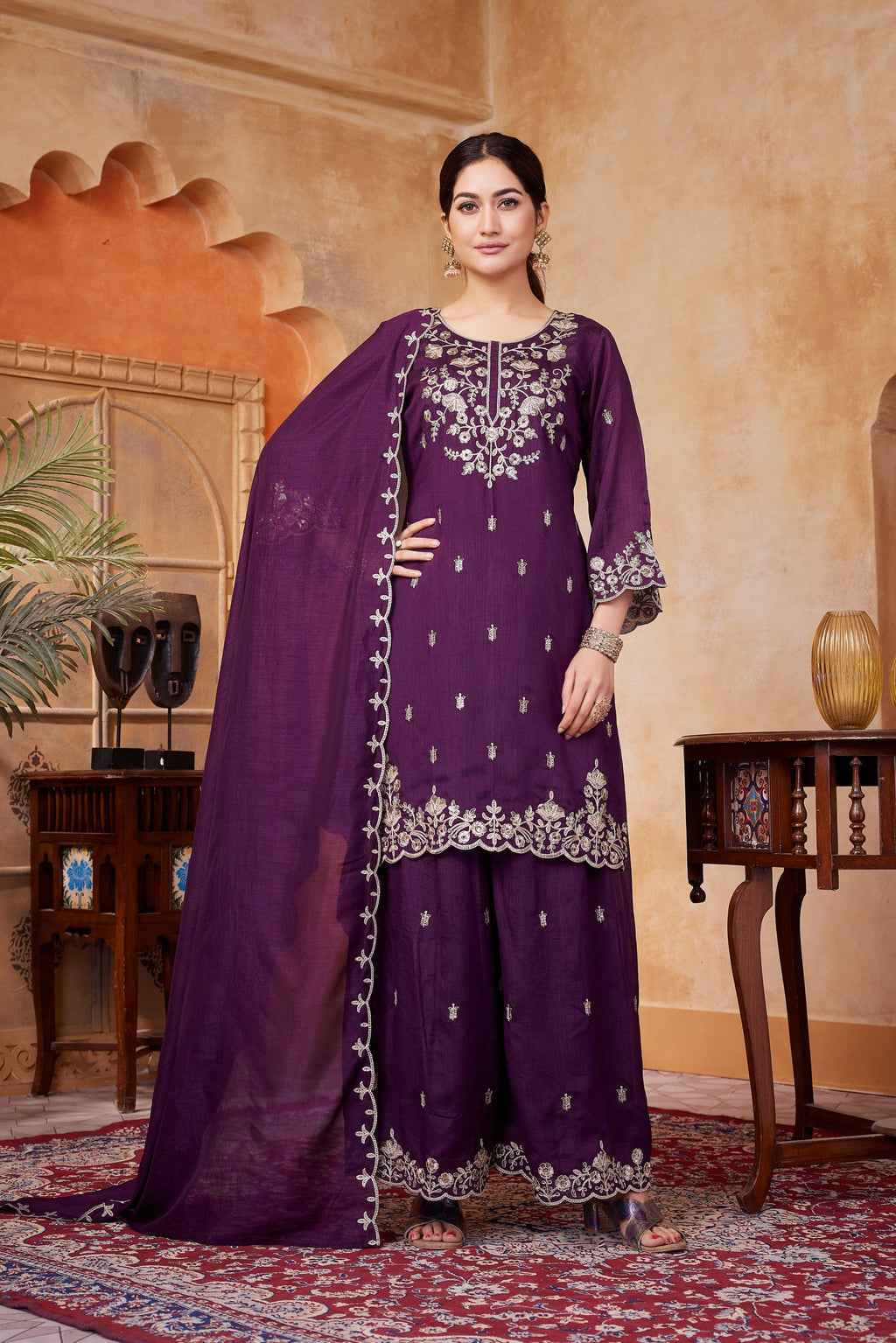 Anaita Wine Readymade Suit with Embroidery Work | Grocsy