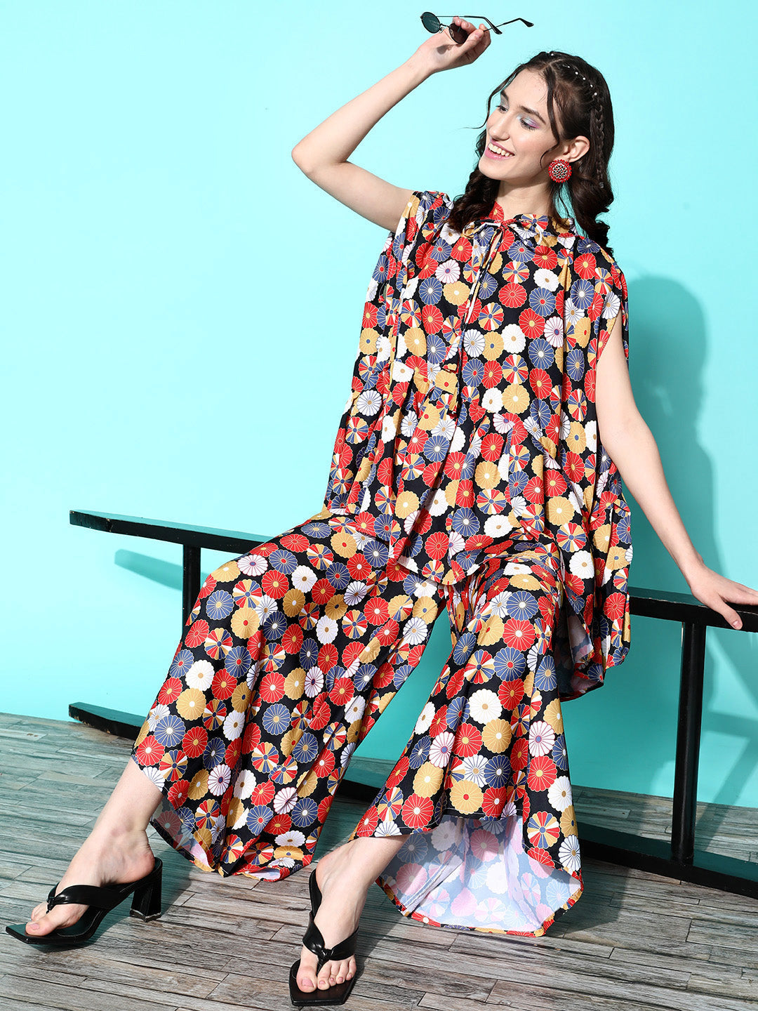 InWeave Women's Red White Round Motif Tiered Kaftan Kurta Set | Grocsy